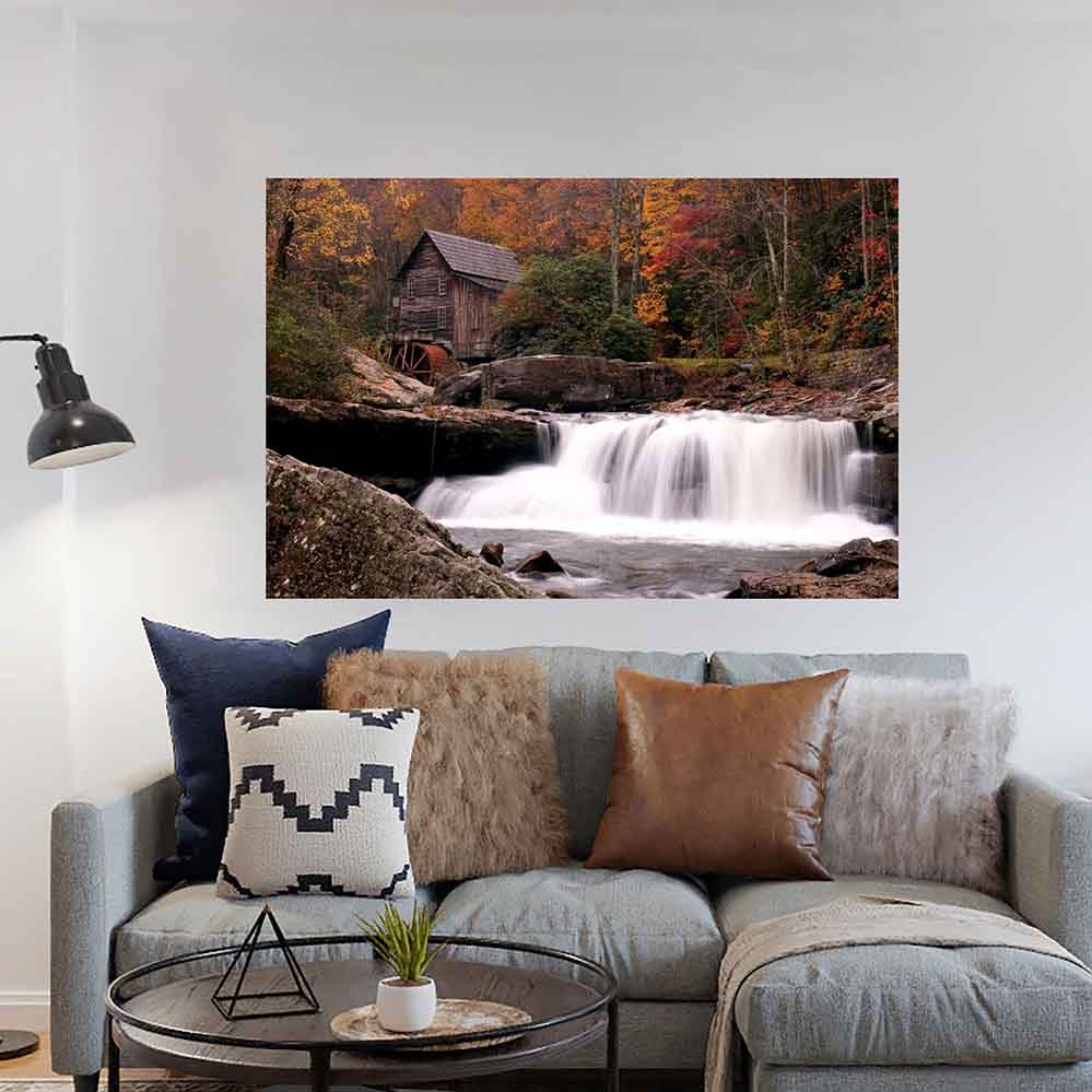 32x48 inch Waterfall Poster Displayed Above Sofa