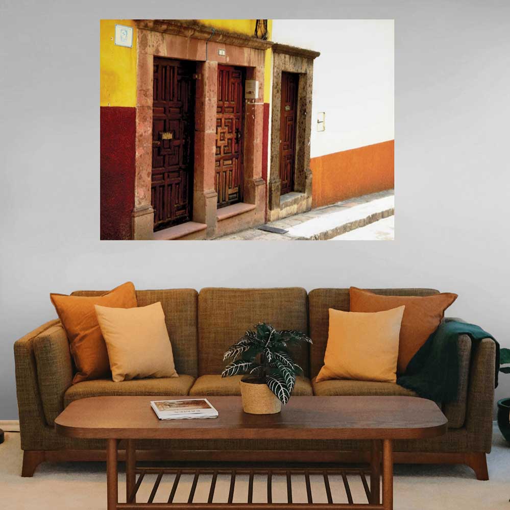 48 inch Mexican Multi-Entrance Architecture decal displayed on wall above sofa
