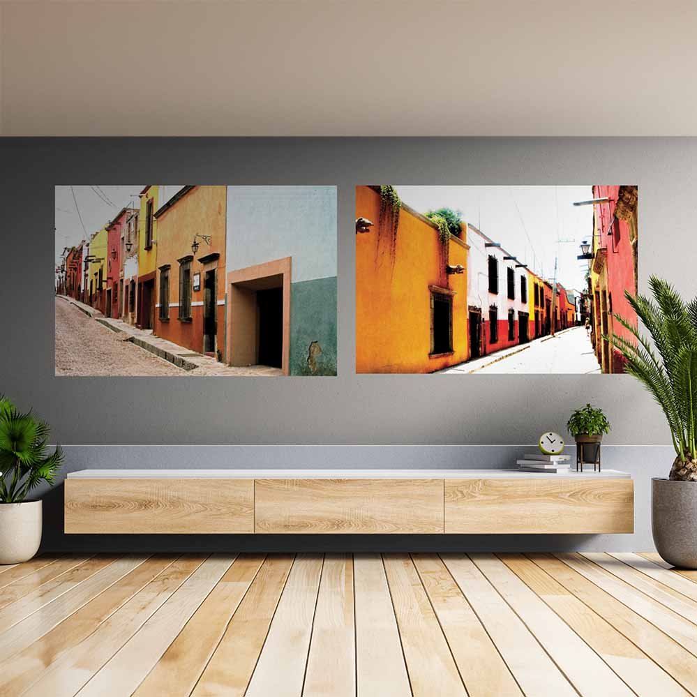 48 inch Mexican Multi-Color Building Architecture poster displayed on wall above waiting area bench