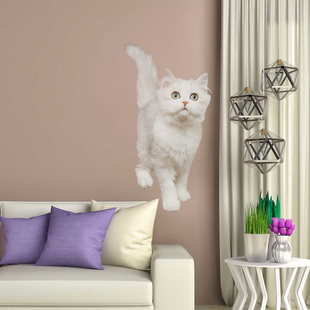 48 inch White Cat Die-Cut Decal Installed Above Sofa