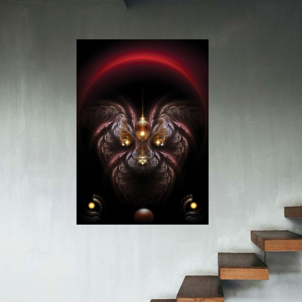 48 inch poster of fractal fantasy art of a dog with glowing eyes and a red arc in the background emerging form the dark displayed on gray wall next to staircase