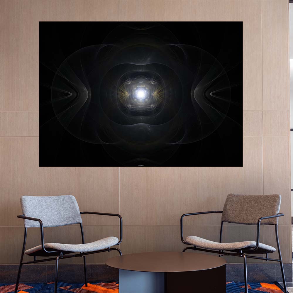 48 inch poster of abstract fractal art of a primordial relic with emanating light source displayed on a wall above two chairs in an office waiting room