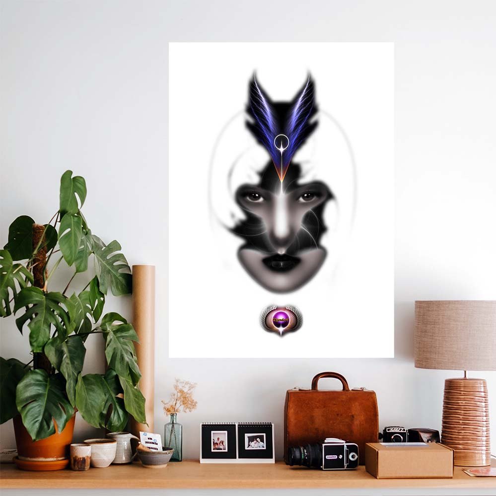 48 inch decal of an artistic depiction of a mystic woman wearing a feather headpiece installed on a wall above a console table