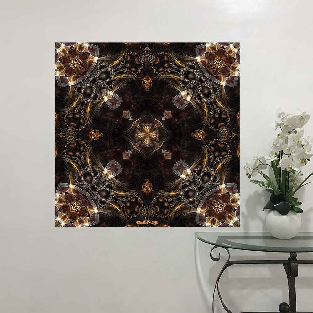48 inch poster of a decorative gold, brown and bronze kaleidoscope pattern with intricate designs and symmetrical arrangement on a dark background displayed on wall above a glass table with vase of flowers