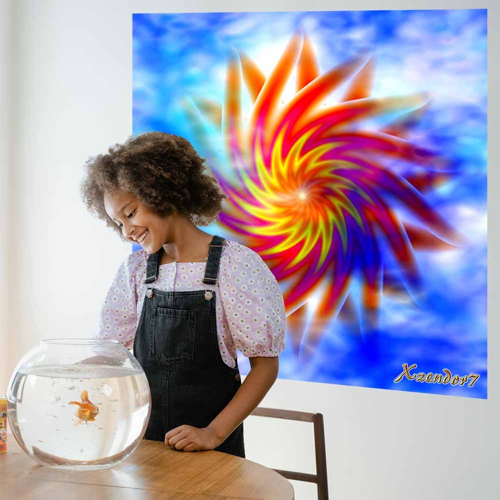 36 inch decal of fractal art of a magenta, red and yellow twirling sun against a bright blue cloudy background installed on a wall with a girl looking at her fish in fishbowl in foreground