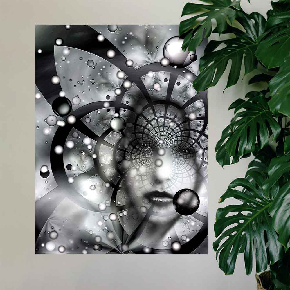 48 inch decal of an abstract black and white artwork capturing a striking face woven into a swirling tapestry of stars, nebulae, and cosmic energy installed on a wall next to a large plant