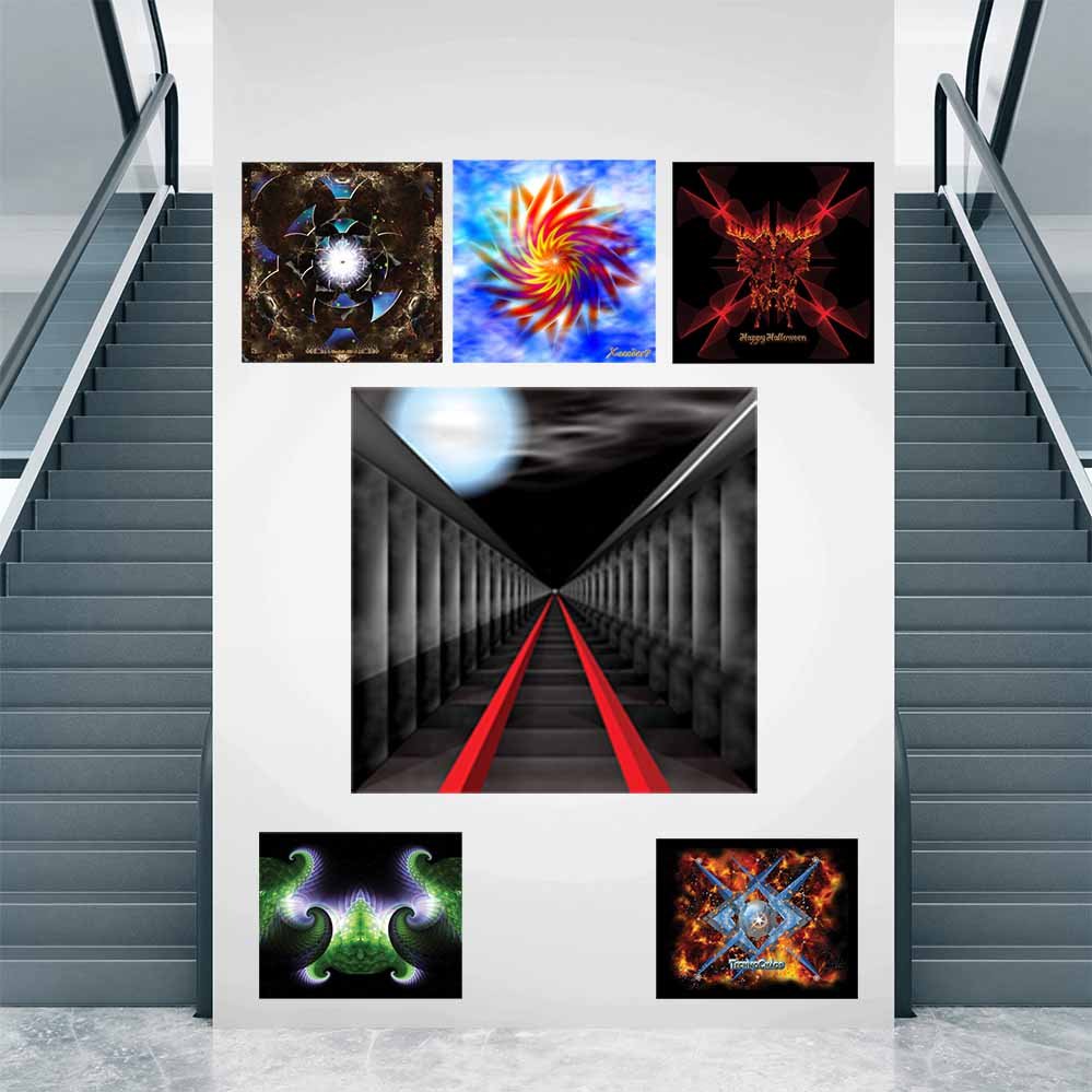 48 inch poster of an abstract tunnel with red rail lines extending into the distance toward a glowing light displayed on a wall between two escalators