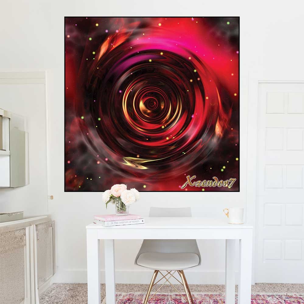 48 inch poster of an abstract red, gold  and black space vortex spiral gloss poster displayed on a white wall above a desk with some books and flowers in a jar