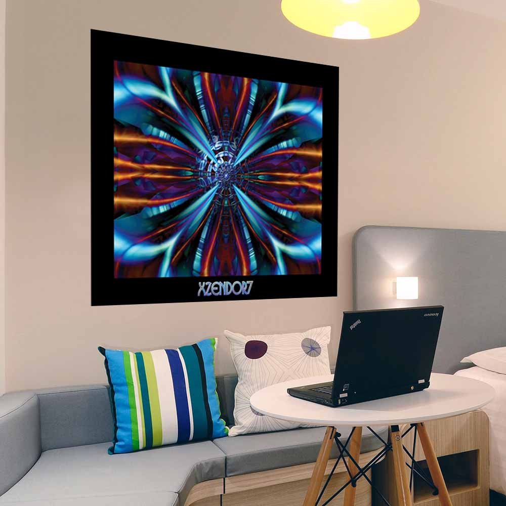 48 inch decal of fractal art evokes the form of iridescent wings in a kaleidoscopic explosion of vibrant blues, fiery oranges, and crystalline purples installed on a wall above a bench in a bedroom