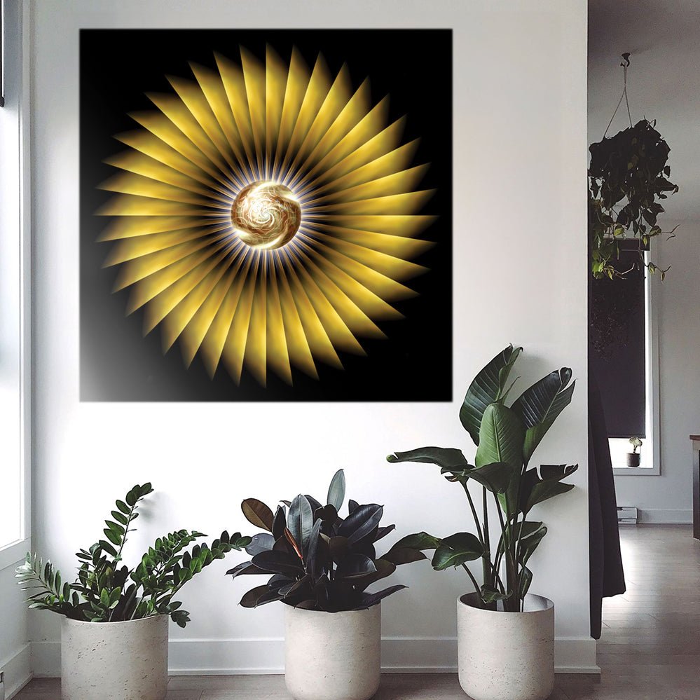 48 inch poster of a central golden sphere, swirling with intricate detail, surrounded by a dazzling halo of sharp, metallic rays, evoking the brilliance of a digital sunburst displayed on wall above three large floor plants