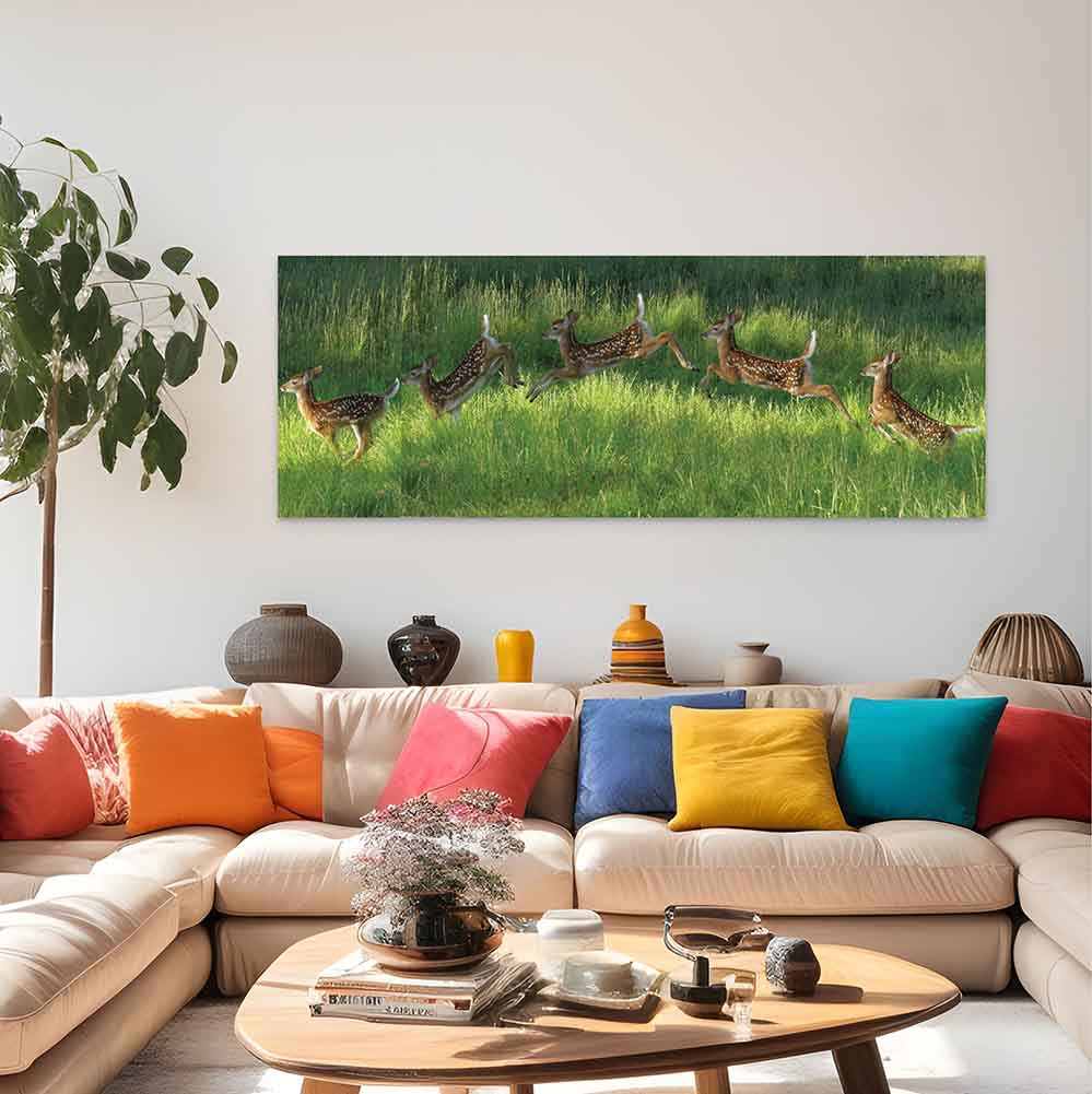 60 inch Poconos Fawn Jumping Panoramic Decal Installed Above Sofa