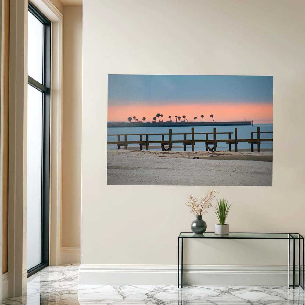 60 inch Palms Rising Beach Poster Displayed Above Coffee Table