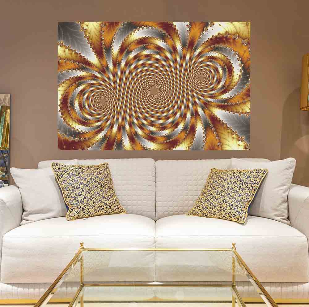 60 inch Gold Swirl Fractal Poster Displayed in Living Room
