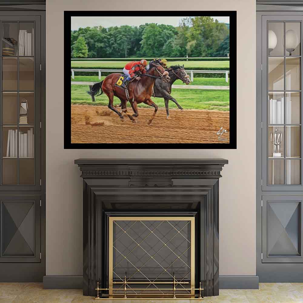48x60 inch Neck in Neck Horse Poster Displayed Above Fireplace