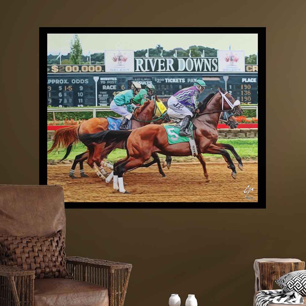 48x60 inch River Downs Horse Race Poster Displayed Above Chair
