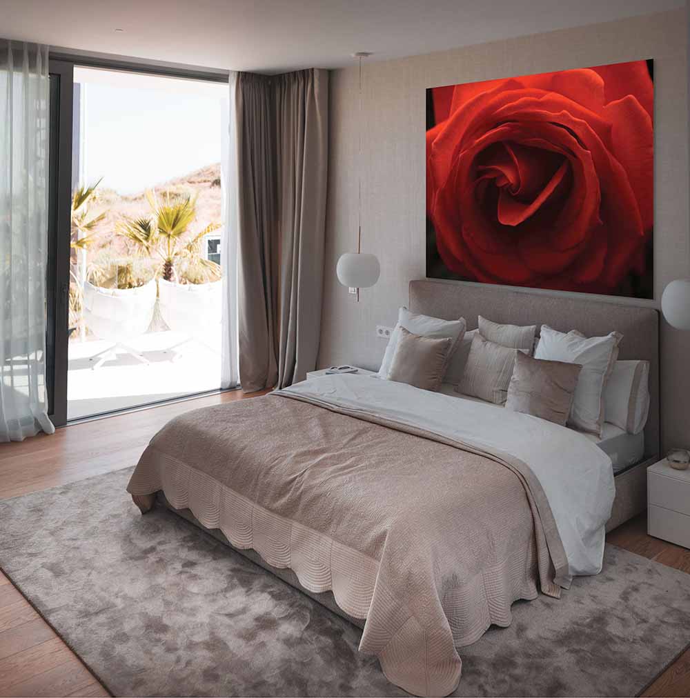 48x60 Rose Poster Displayed Above Bed