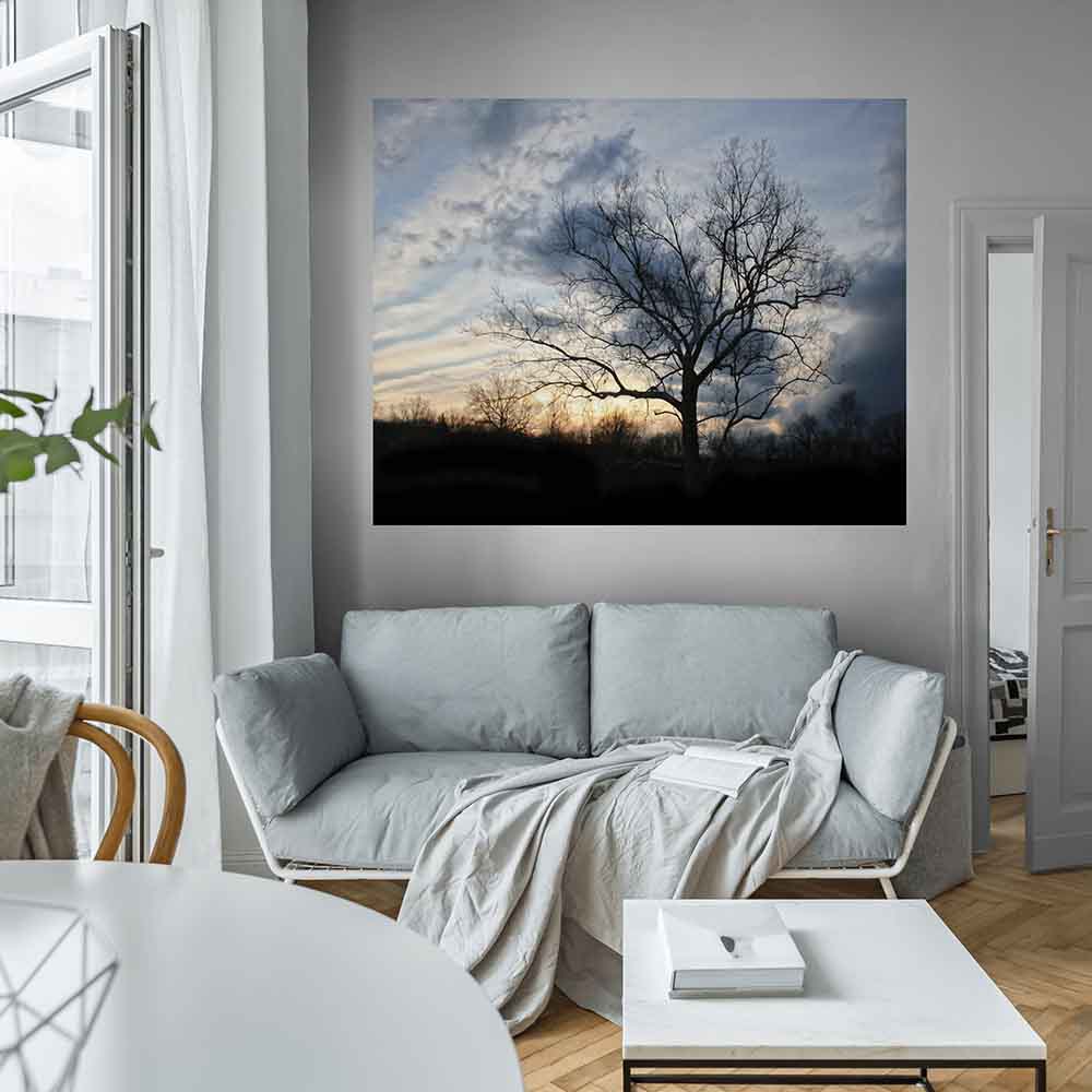 48x60 inch Sunset Tree Poster Displayed in Living Room