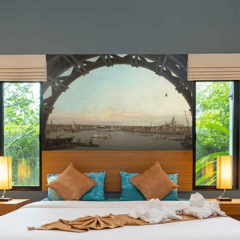 36x60 London Seen through an Arch of Westminster Bridge Poster Displayed Above Bed