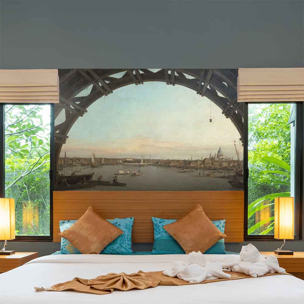 36x60 London Seen through an Arch of Westminster Bridge Decal Installed Above Bed