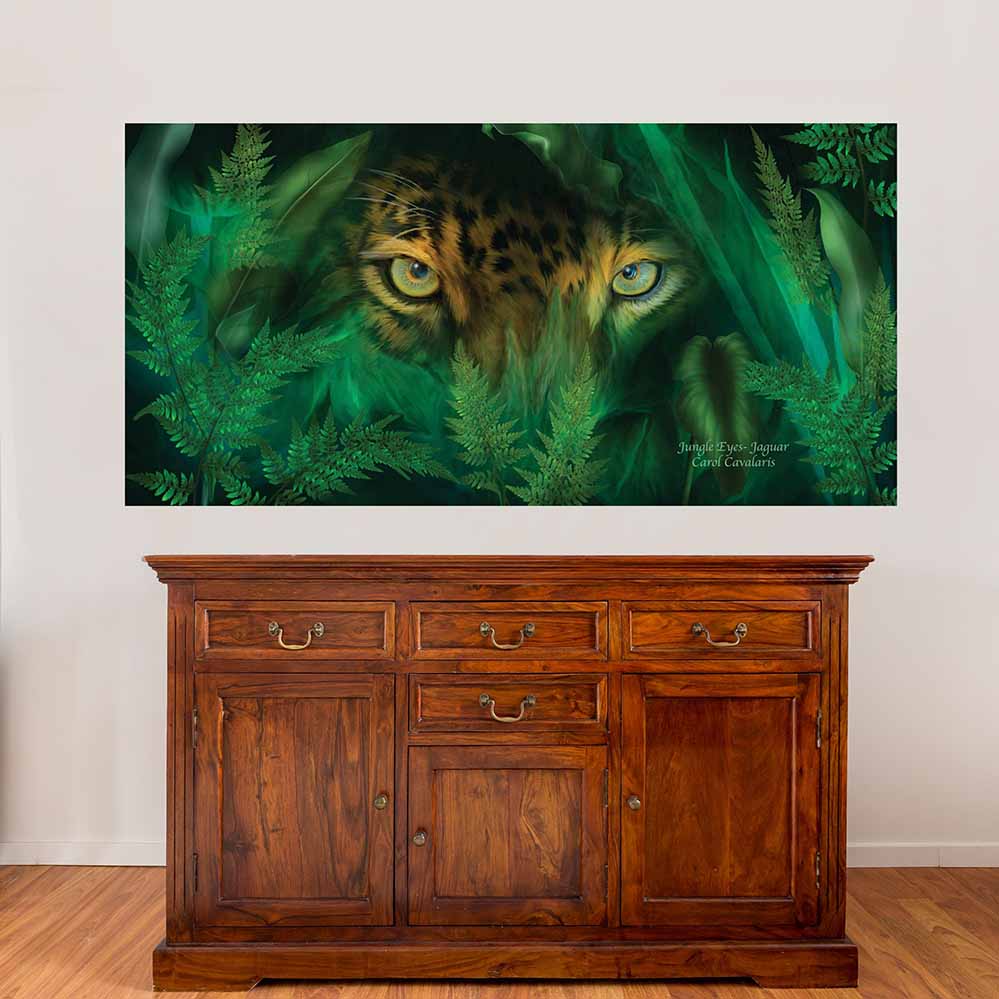 29.5x60 inch Jungle Eyes Jaguar Poster Displayed Above Cabinet