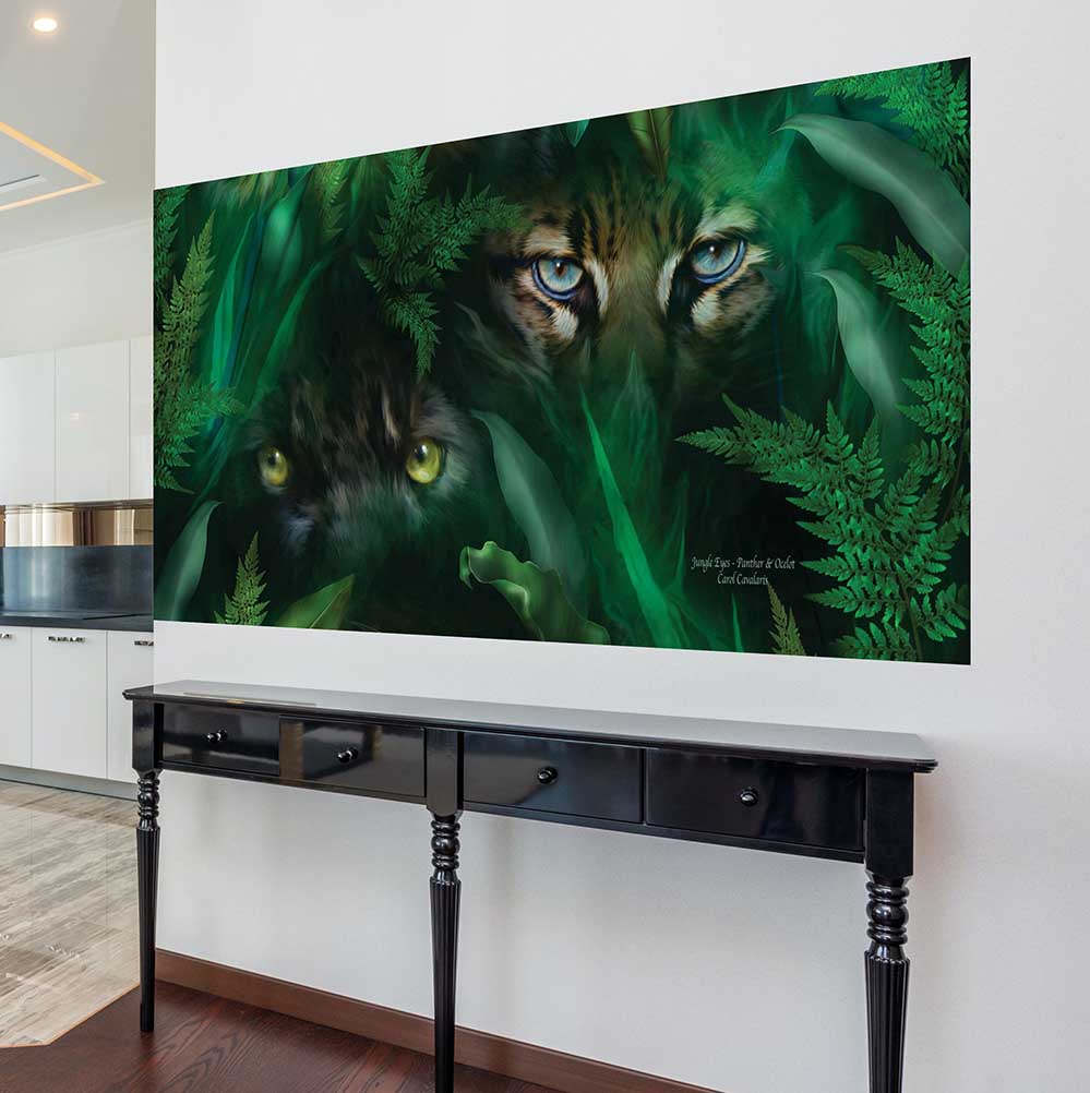 30x60 inch Panther & Ocelot Poster Displayed Above Console Table