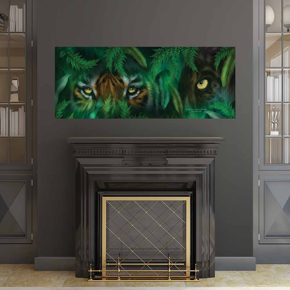 24x60 inch Tiger & Panther Poster Displayed Above Fireplace