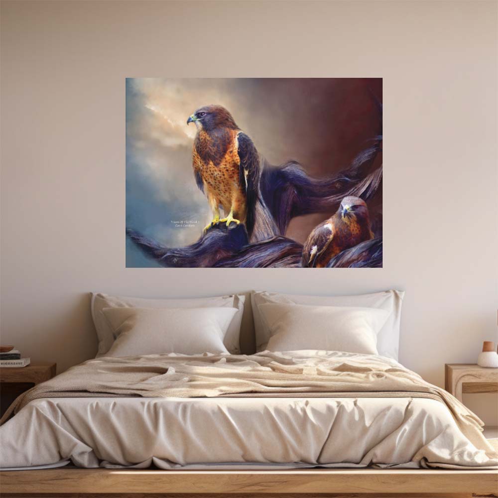 44x60 Vision of the Hawk II Poster Displayed Above Bed