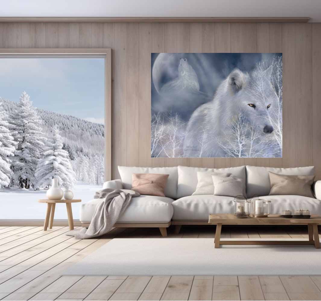 48x60 White Wolf Poster Displayed in Living Room