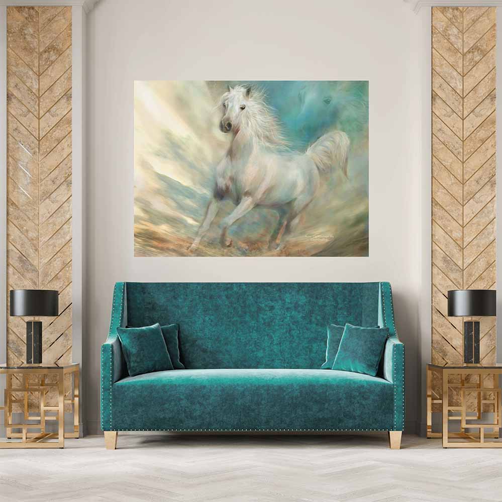 45x60 inch Across The Windswept Sky Poster Displayed Above Sofa