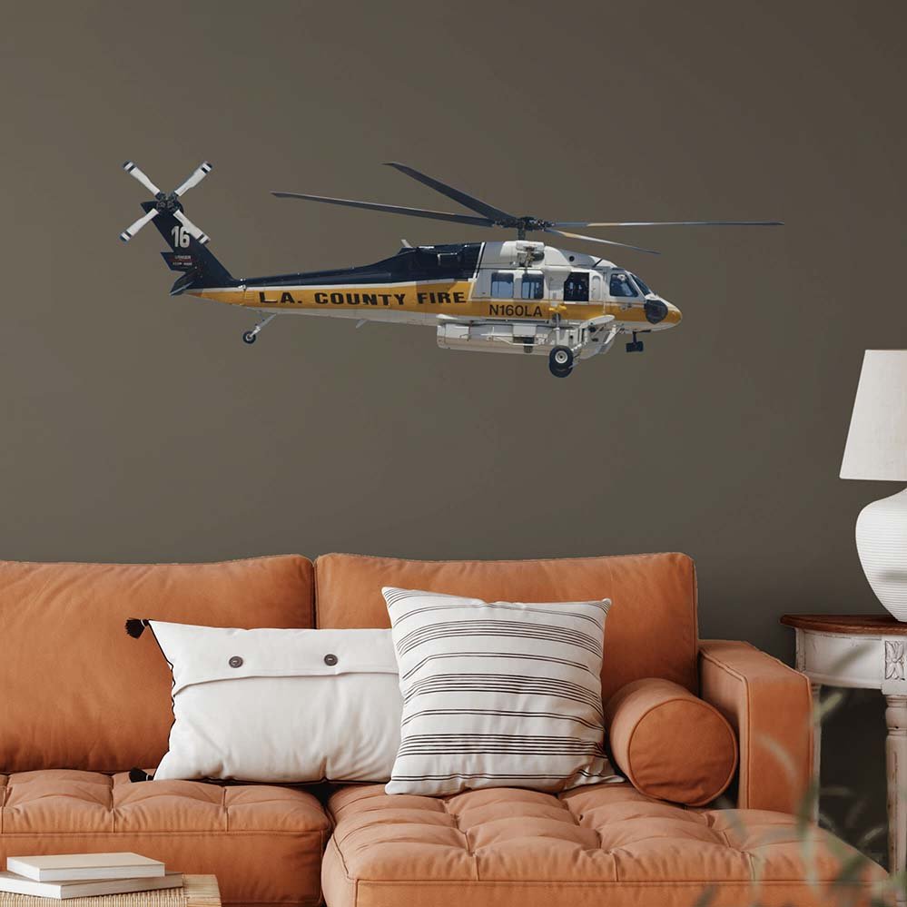 19.5x60 inch Fire & Rescue Copter 16 Decal Installed Above Sofa