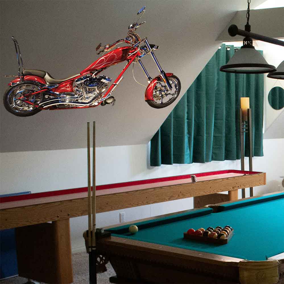 60 inch custom red flame chopper decal installed on wall in game room