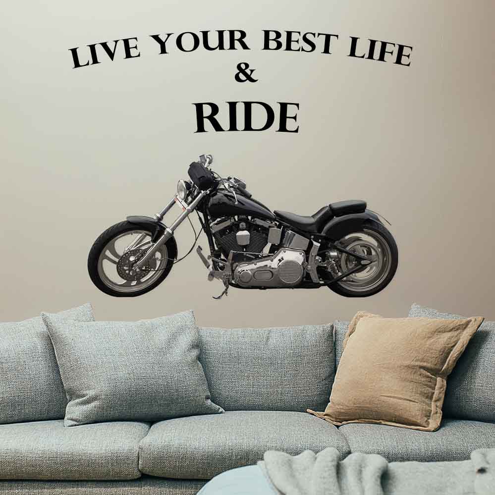 60 inch black Fat Boy motorcycle decal installed on wall above couch