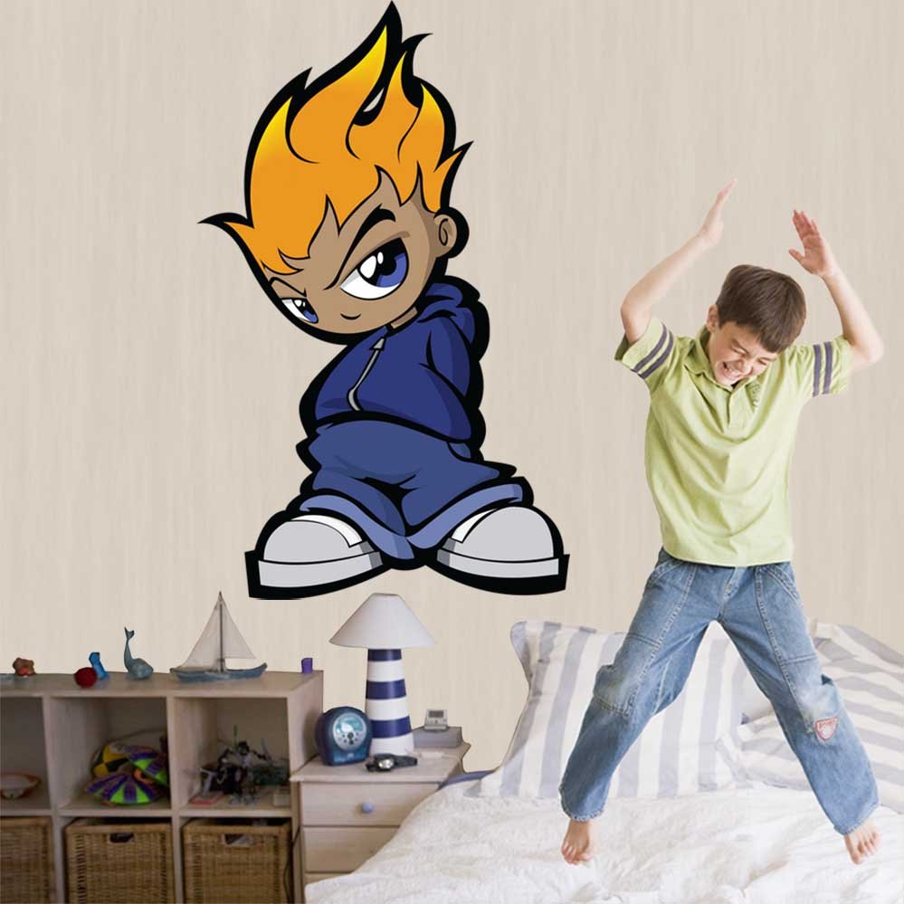 60 inch Flamehead wall decal installed in a boys room with boy jumping on bed..