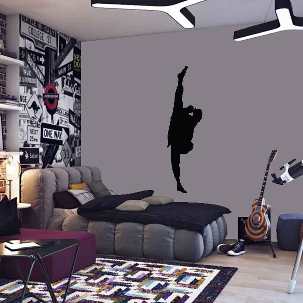 60 inch Martial Arts Extreme Side Kick Silhouette Wall Decal Installed in Teens Room