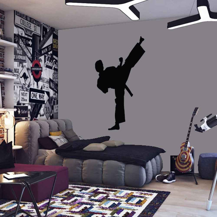 60 inch Martial Arts Side Kick Silhouette Wall Decal Installed in Teen Boys Room