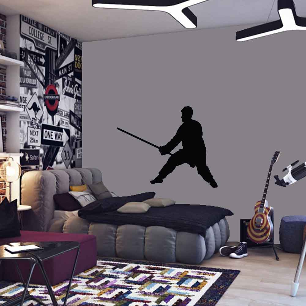 60 inch Martial Arts Staff Silhouette Wall Decal Installed in Teen Boys Room