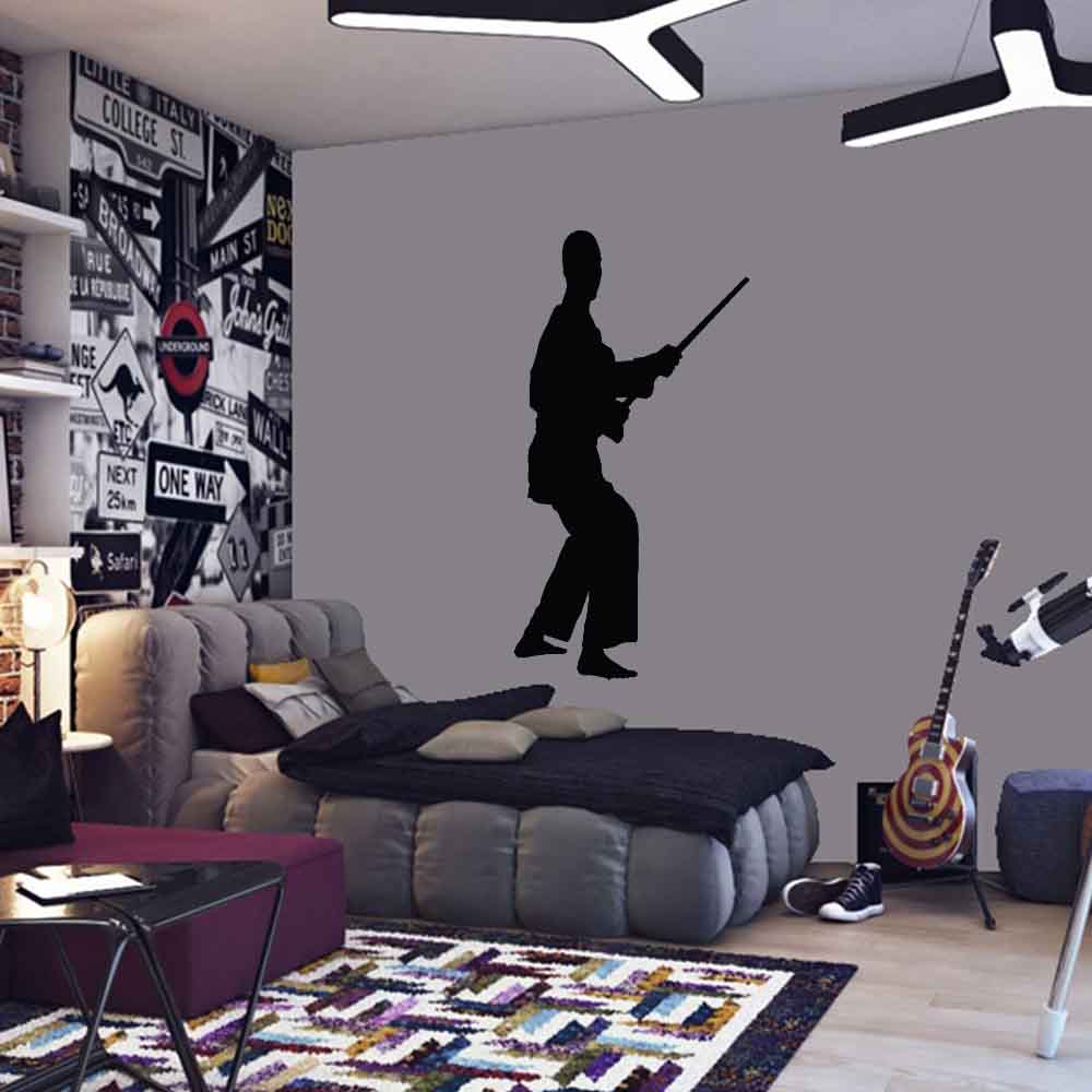 60 inch Martial Arts Staff II Silhouette Wall Decal Installed in Teen Boys Room