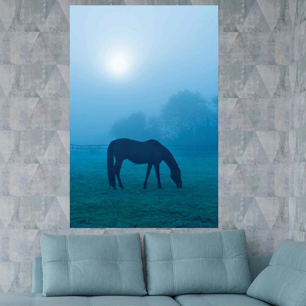 60 inch Morning Mist Horse Poster Displayed Behind Sofa