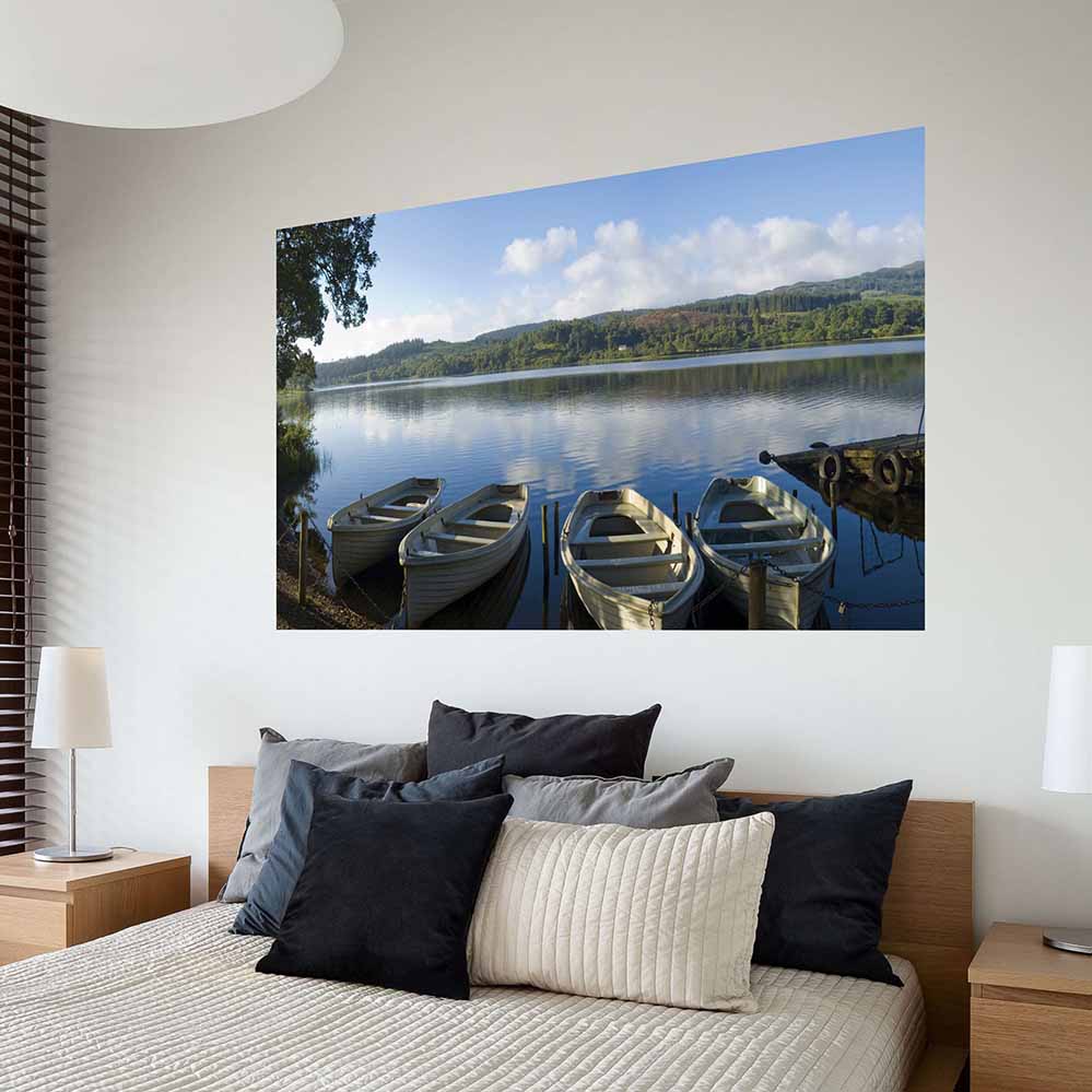 33x60 inch Serene Lake Poster Displayed Above Bed