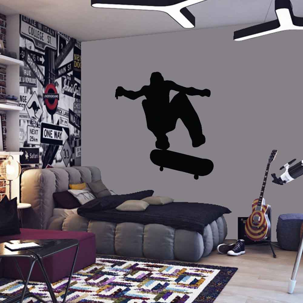 60 inch Skateboard Kickflip Silhouette Wall Decal Installed in Teen Boys Room