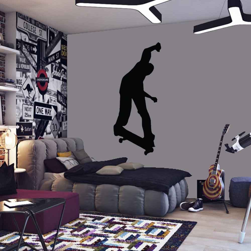 60 inch Skateboard Disaster Silhouette Wall Decal Installed in Teens Room