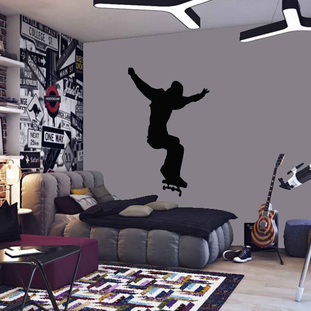60 inch Skateboard Ollie Silhouette Wall Decal Installed in Teen Boys Room
