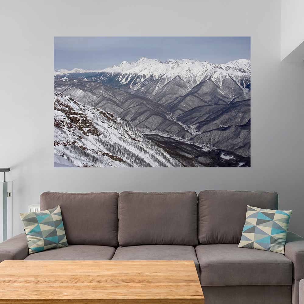 40x60 inch Snowy Mountain Poster Displayed Above Sofa