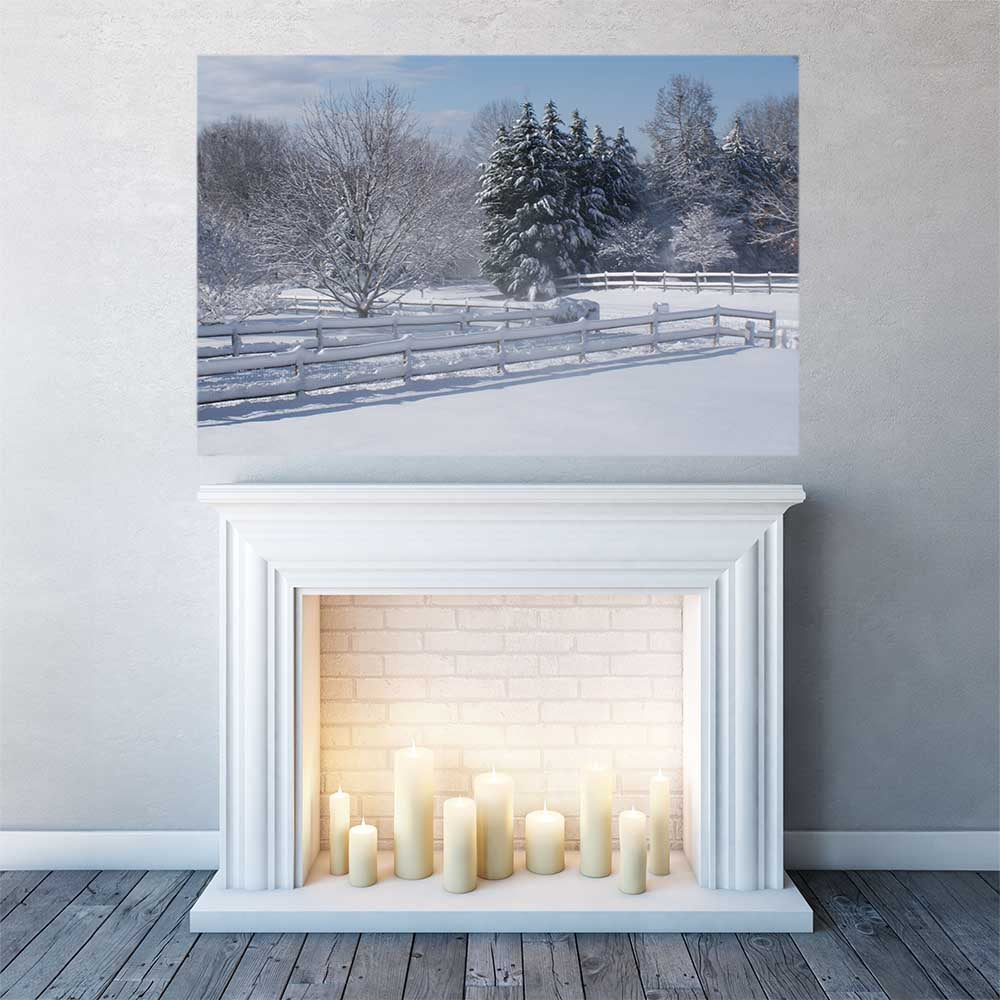 60 inch Snow Heaven Poster Displayed Above Fireplace