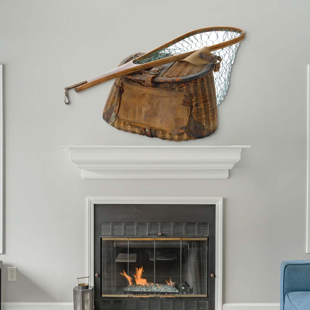 38x60 inch Fishing Basket & Net Decal Installed Above Fireplace