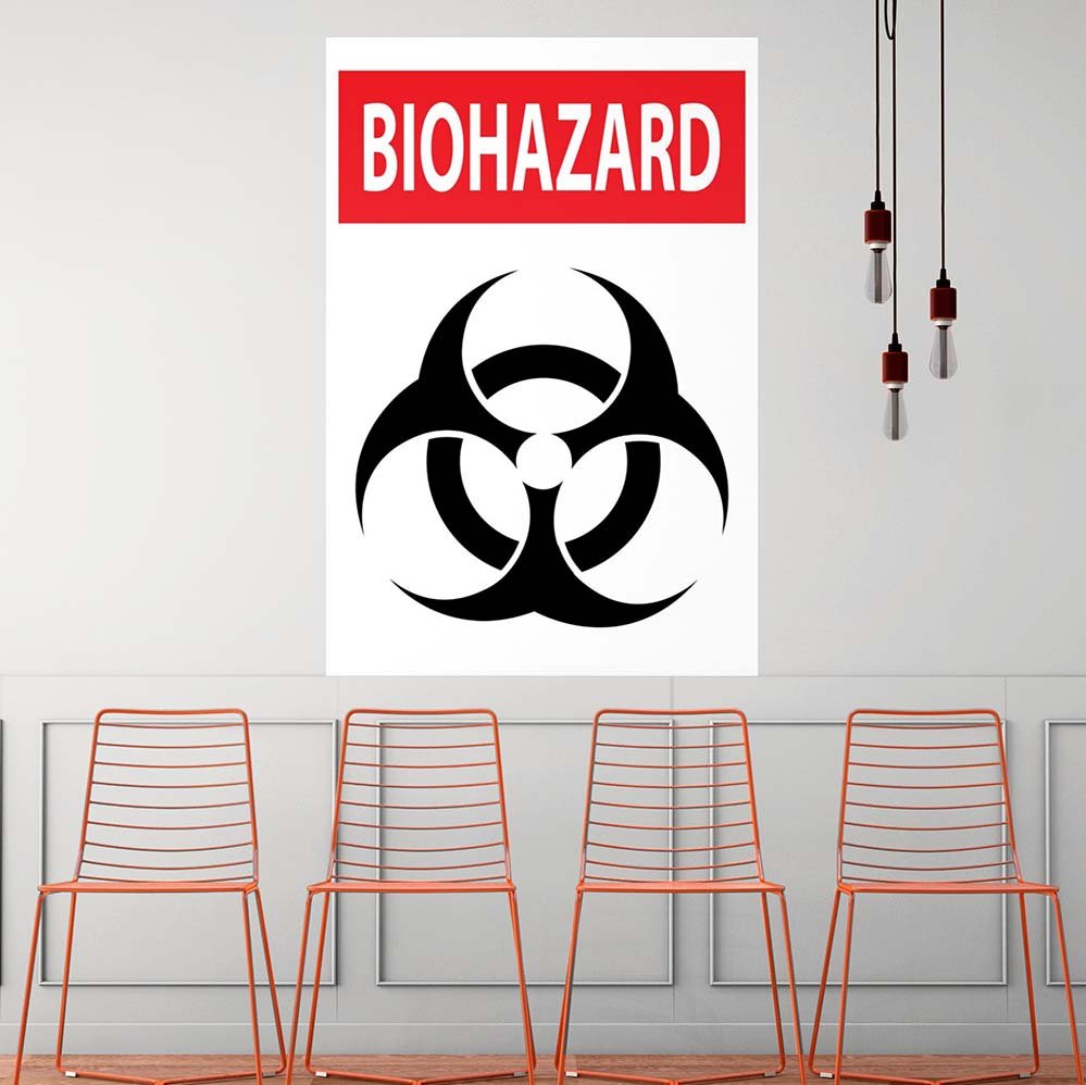 38.5x60 inch Biohazard Warning Sign Wall Decal Installed Above Chairs