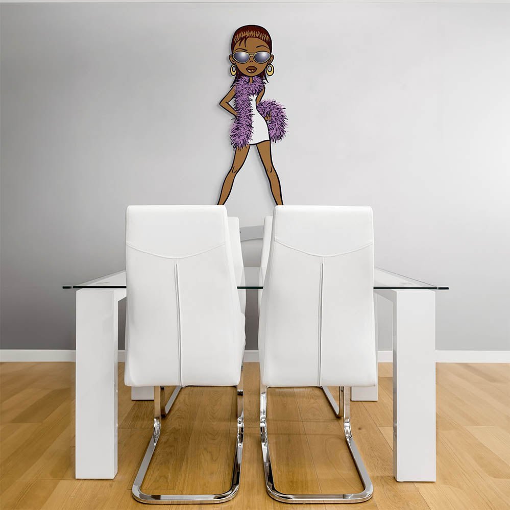 60 inch Diva Brat wall decal installed in a dining room with white chairs and table.