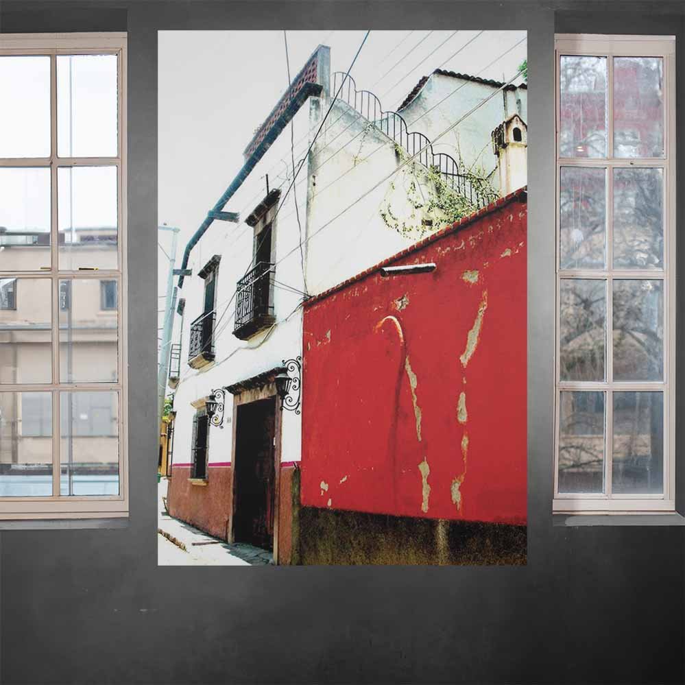 60 inch red and white Mexican house architecture decal installed on Wall between two windows