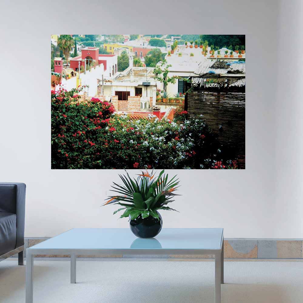 60 inch poster of a rooftop garden on Mexican home looking down over town displayed on wall in a living room with coffee table in foreground
