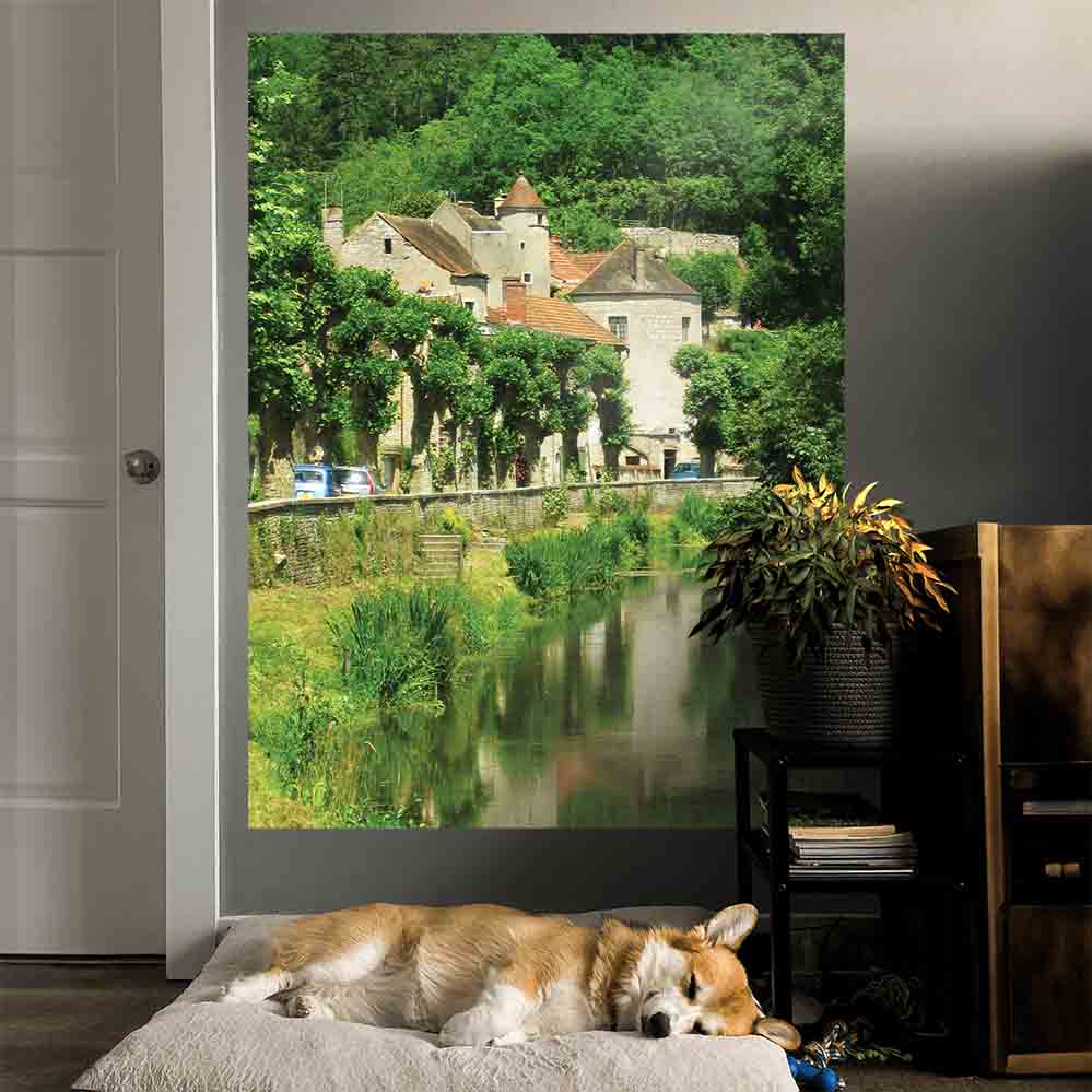 60 inch poster of a old stone building in France along a river displayed on wall with a dog on bed and stand with plant in foreground